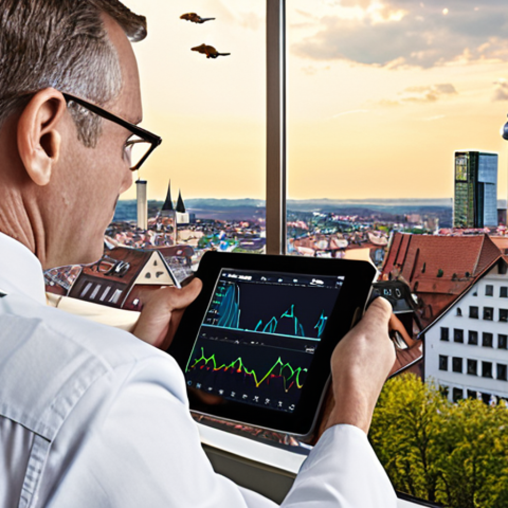 **Prompt:** A visually dynamic scene depicting the current German real estate market. In the foreground, a professional investor calmly analyzes a digital tablet displaying a financial chart, with a steady, upward trend line emerging from an initial period of interest rate normalization (shown by subtle rising lines or arrows). In the background, a modern yet traditional German cityscape, bathed in optimistic, soft light, subtly hints at long-term stability and opportunity. The overall impression should be one of strategic foresight and calm confidence amidst market changes, emphasizing thoughtful, patient investment over quick speculation.