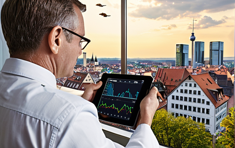 **Prompt:** A visually dynamic scene depicting the current German real estate market. In the foreground, a professional investor calmly analyzes a digital tablet displaying a financial chart, with a steady, upward trend line emerging from an initial period of interest rate normalization (shown by subtle rising lines or arrows). In the background, a modern yet traditional German cityscape, bathed in optimistic, soft light, subtly hints at long-term stability and opportunity. The overall impression should be one of strategic foresight and calm confidence amidst market changes, emphasizing thoughtful, patient investment over quick speculation.