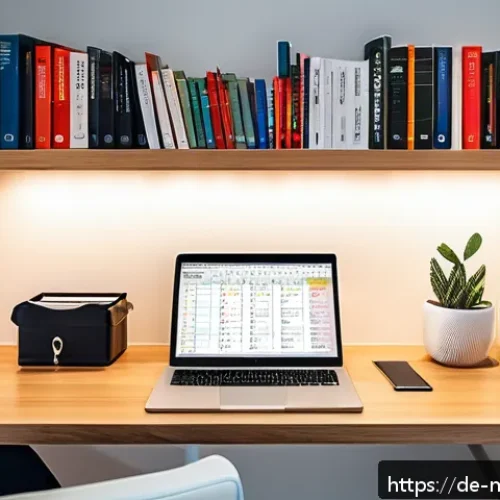 Home 15 번역 아르바이트 - A modern home office setup for a freelance translator in Germany: a young professional woman sitting...