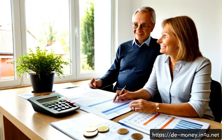 배당주 투자 전략 - Photorealistic German retiree couple reviewing a diversified dividend investment strategy at a brigh...